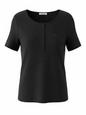 Lacoste 42 Black Ribbed Short-Sleeve Buttoned Top Classic Preppy Goth Minimalist